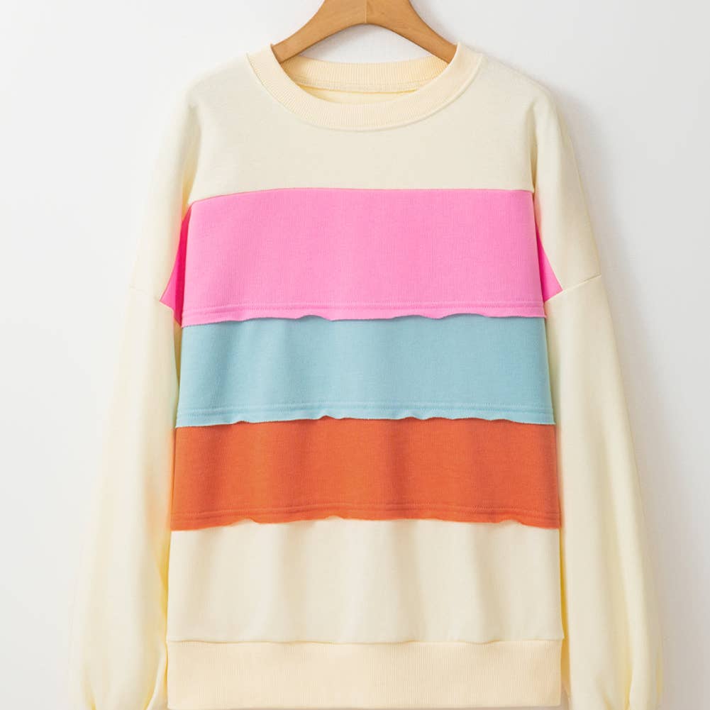 White Color block Patchwork Crewneck Drop Shoulder Sweatshirt