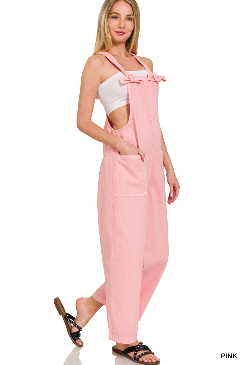 Washed knot strap pockets jumpsuit