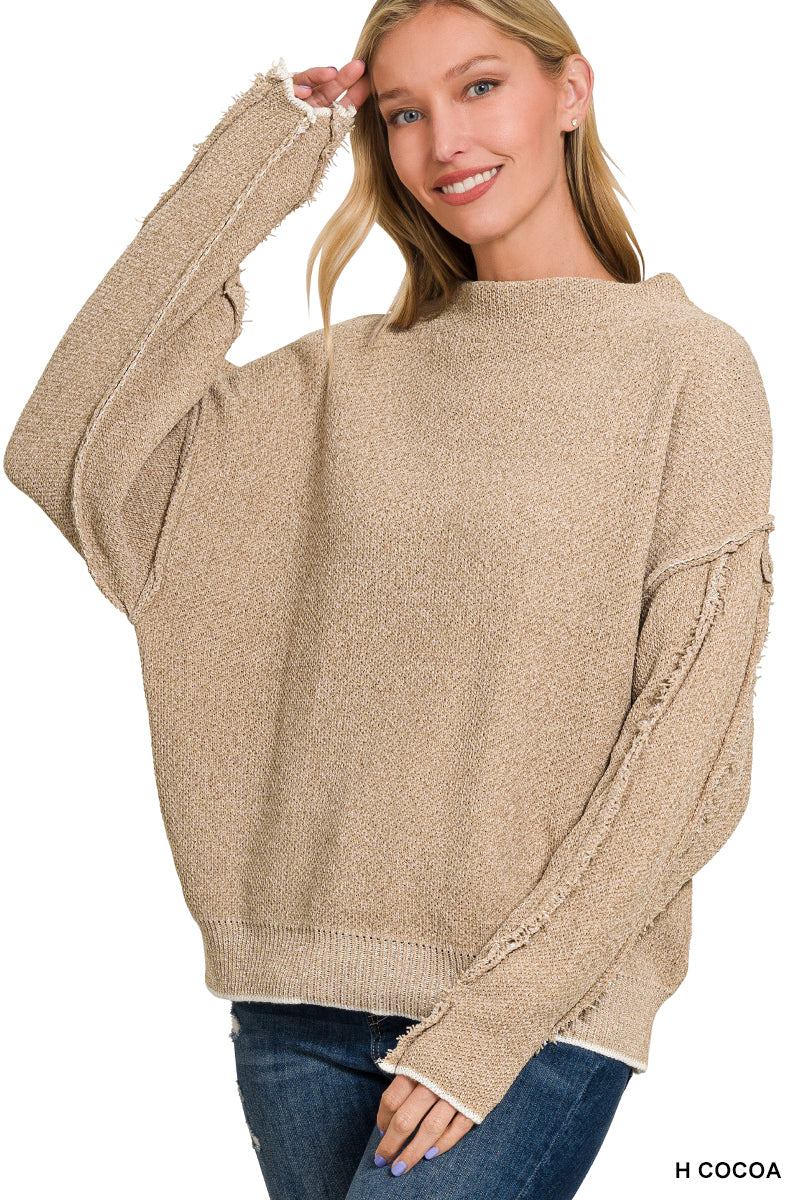 Oversized mock neck raw seam chenille sweater