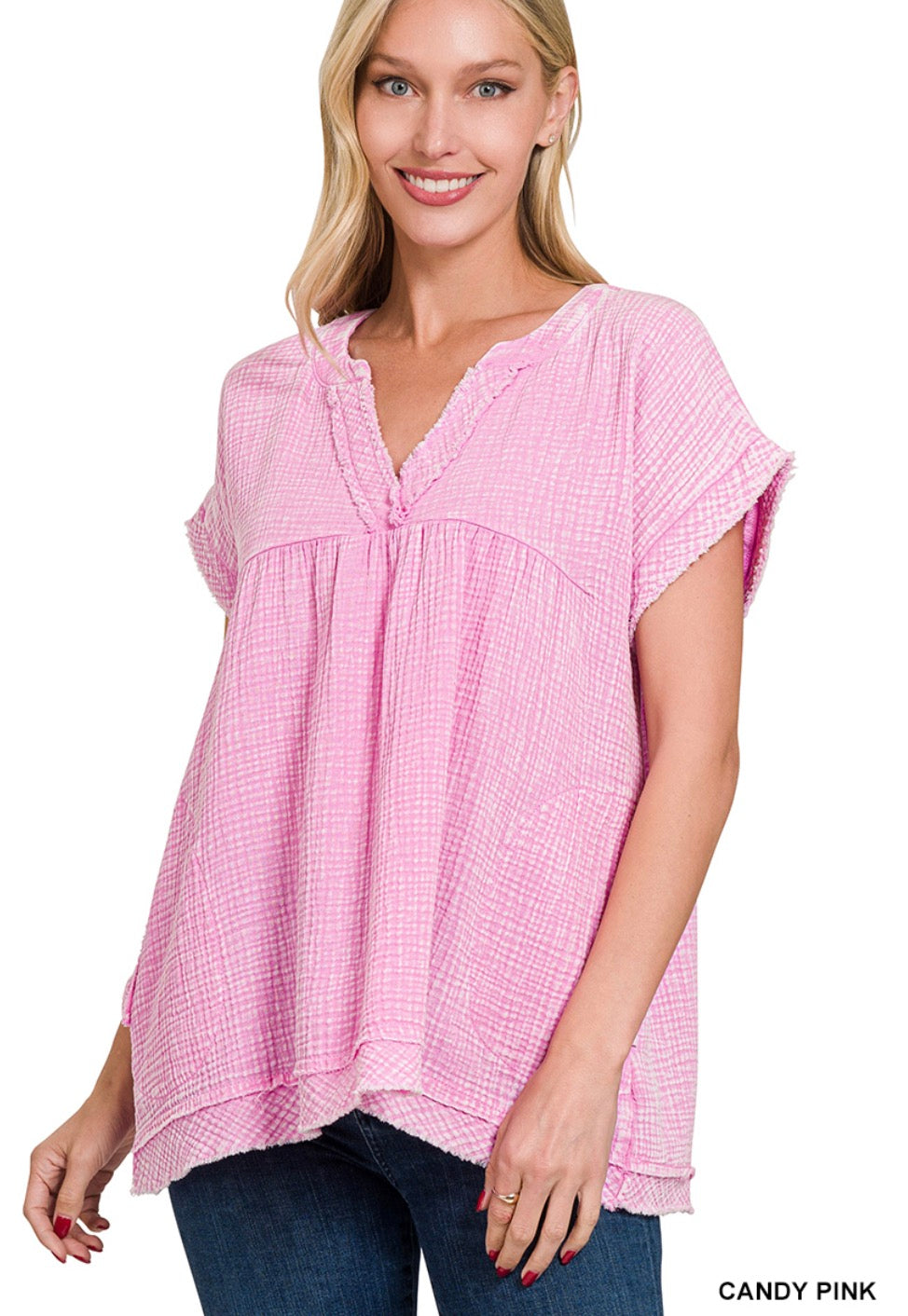 Washed double gauze raw edge short sleeve shirt