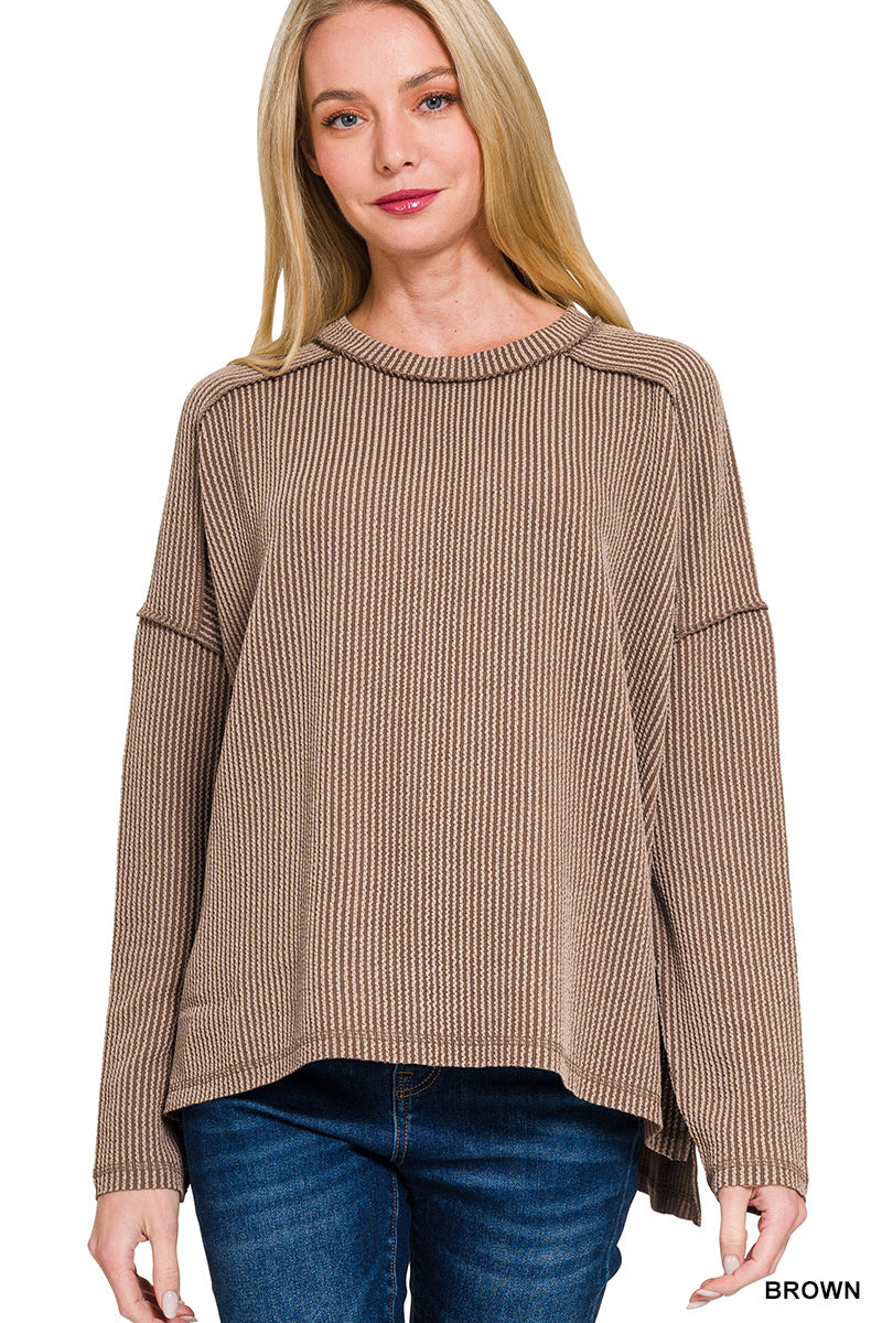Raised rib raw edge boat neck long sleeve top