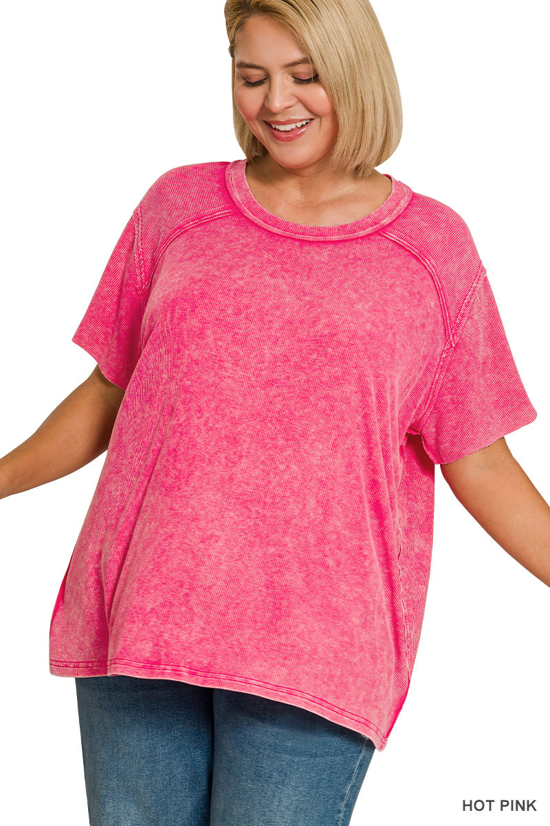 Plus washed ribbed short sleeve top