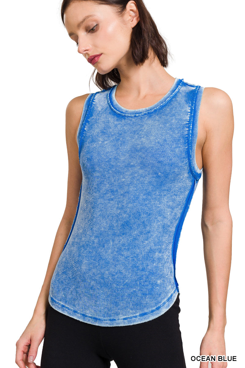 Washed ribbed sleeveless tank top with exposed seam