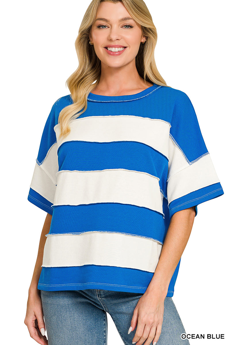 French terry striped exposed seam top
