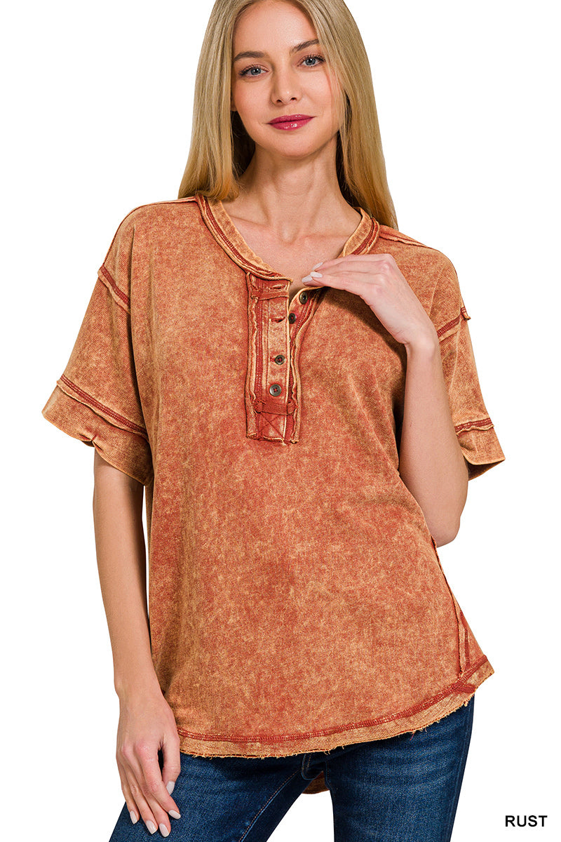 Raw edge detailed button closure scoop neck top