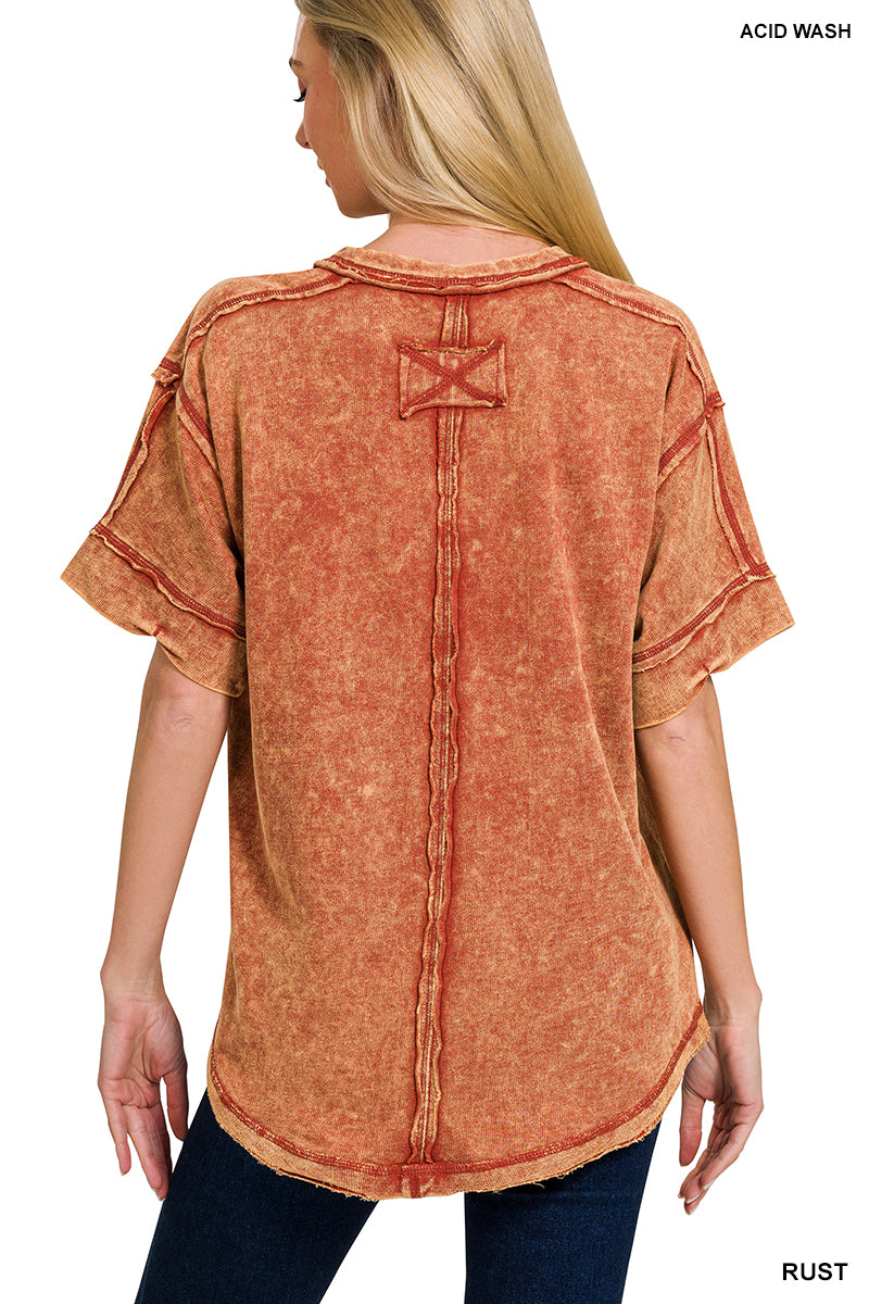 Raw edge detailed button closure scoop neck top