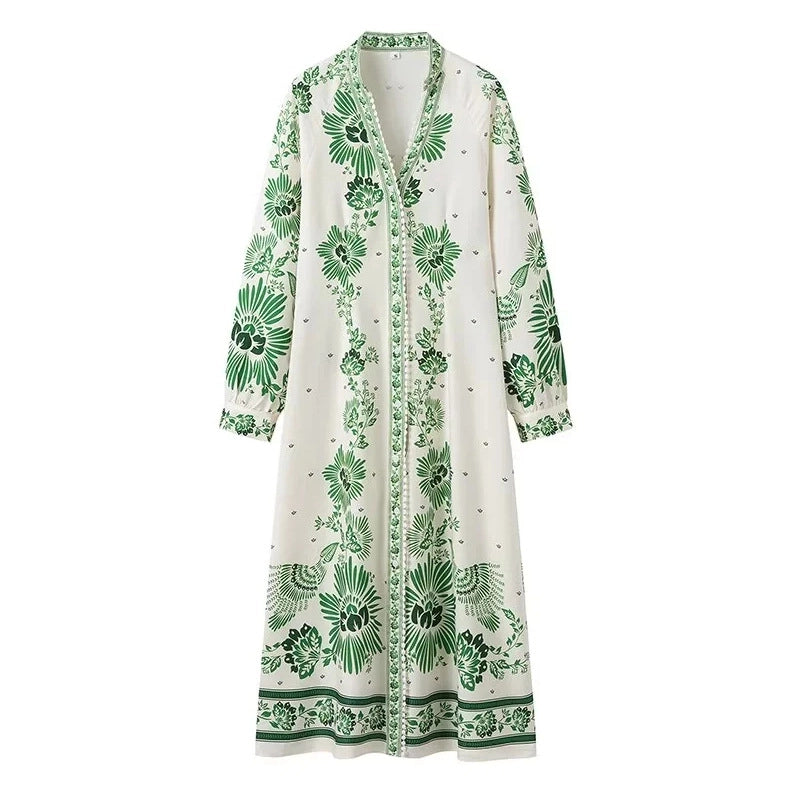 Green Vine Botanical Printed V-Neck Long Sleeve Shirtdress