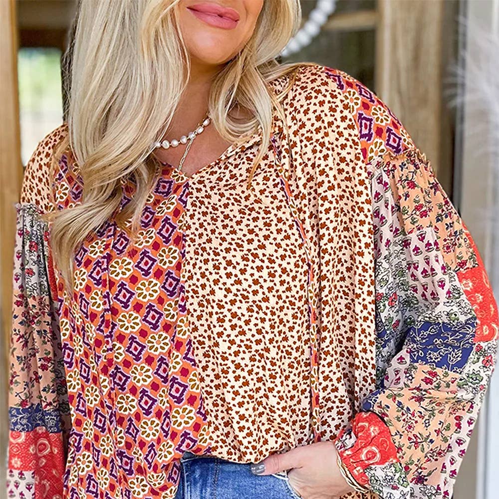 Floral Geometric Patchwork Lace-Up Crewneck Plus Size Blouse