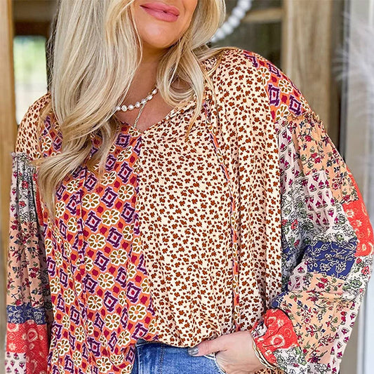 Floral Geometric Patchwork Lace-Up Crewneck Plus Size Blouse