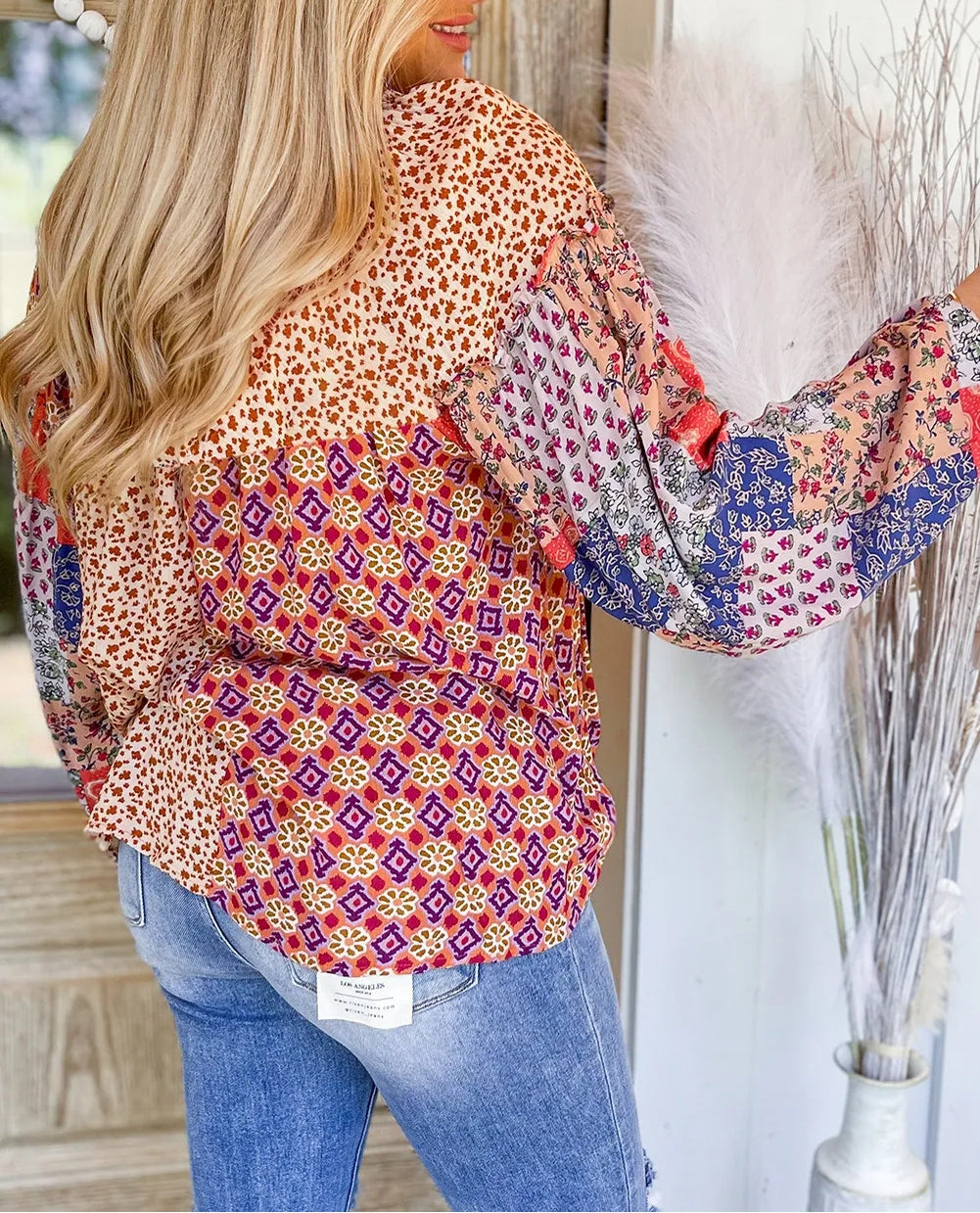 Floral Geometric Patchwork Lace-Up Crewneck Plus Size Blouse