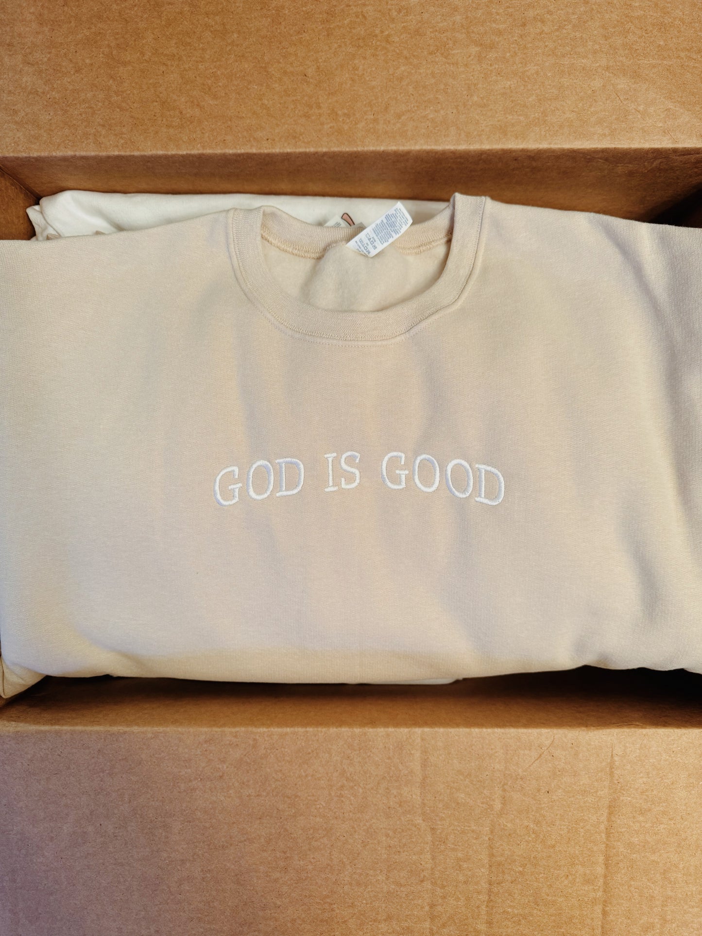 Embroidered God Is Good Sweatshirt - Sand