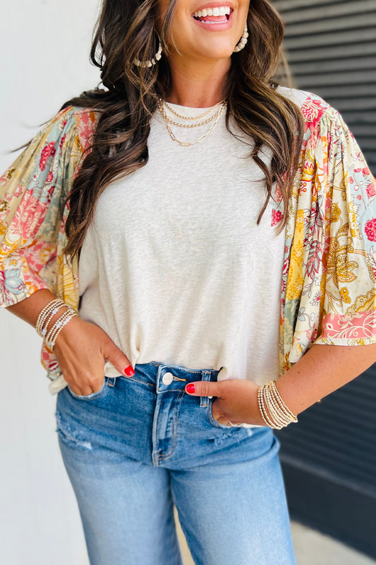 Floral Patchwork Half Batwing Sleeve Blouse