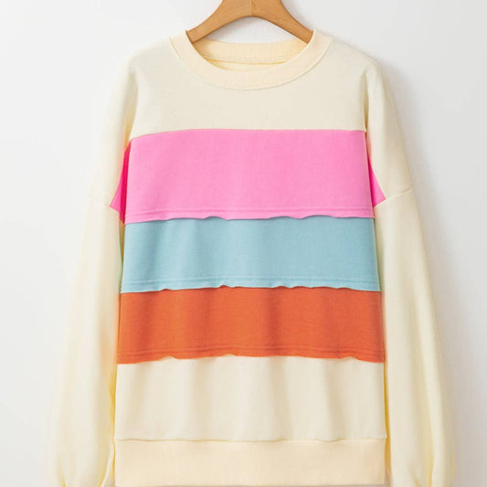 White Color block Patchwork Crewneck Drop Shoulder Sweatshirt