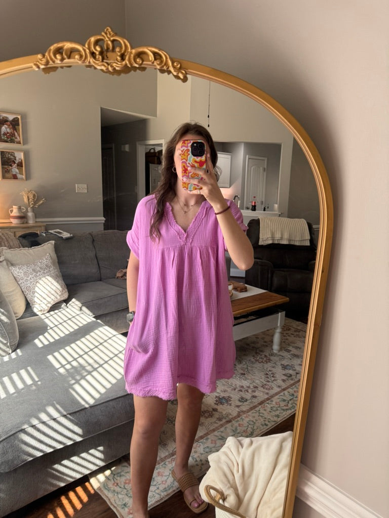 DOUBLE GAUZE RAW EDGE V-NECK DRESS
