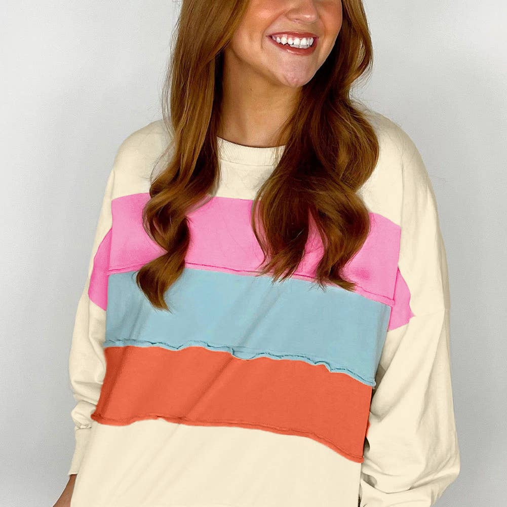 White Color block Patchwork Crewneck Drop Shoulder Sweatshirt