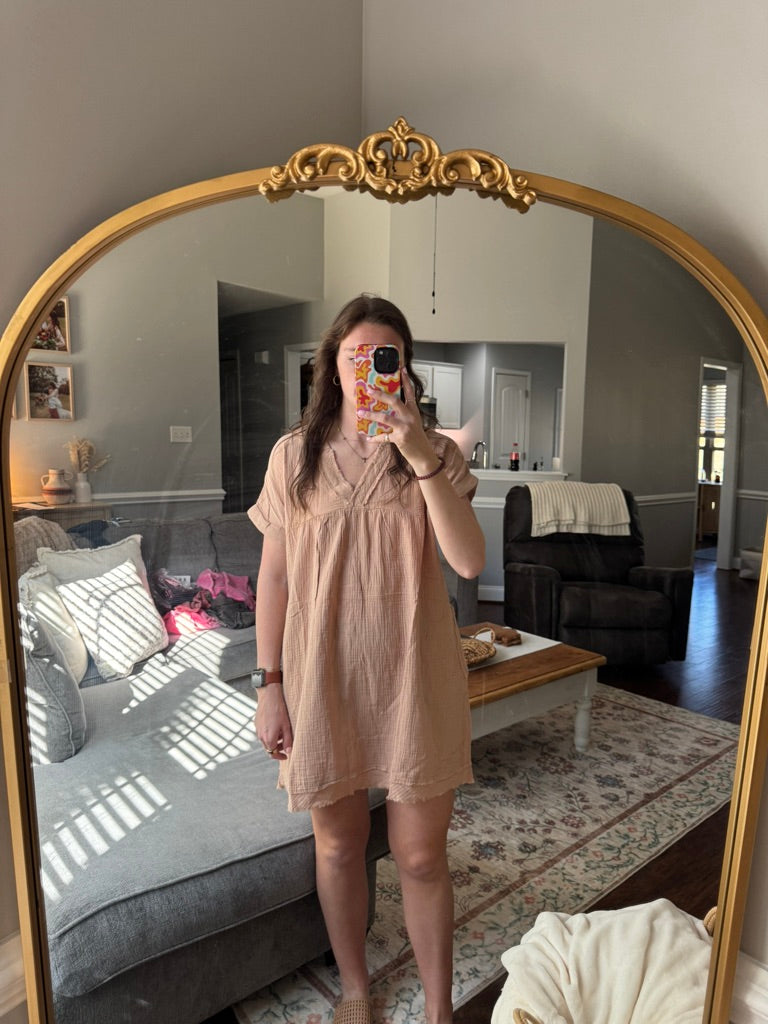 DOUBLE GAUZE RAW EDGE V-NECK DRESS