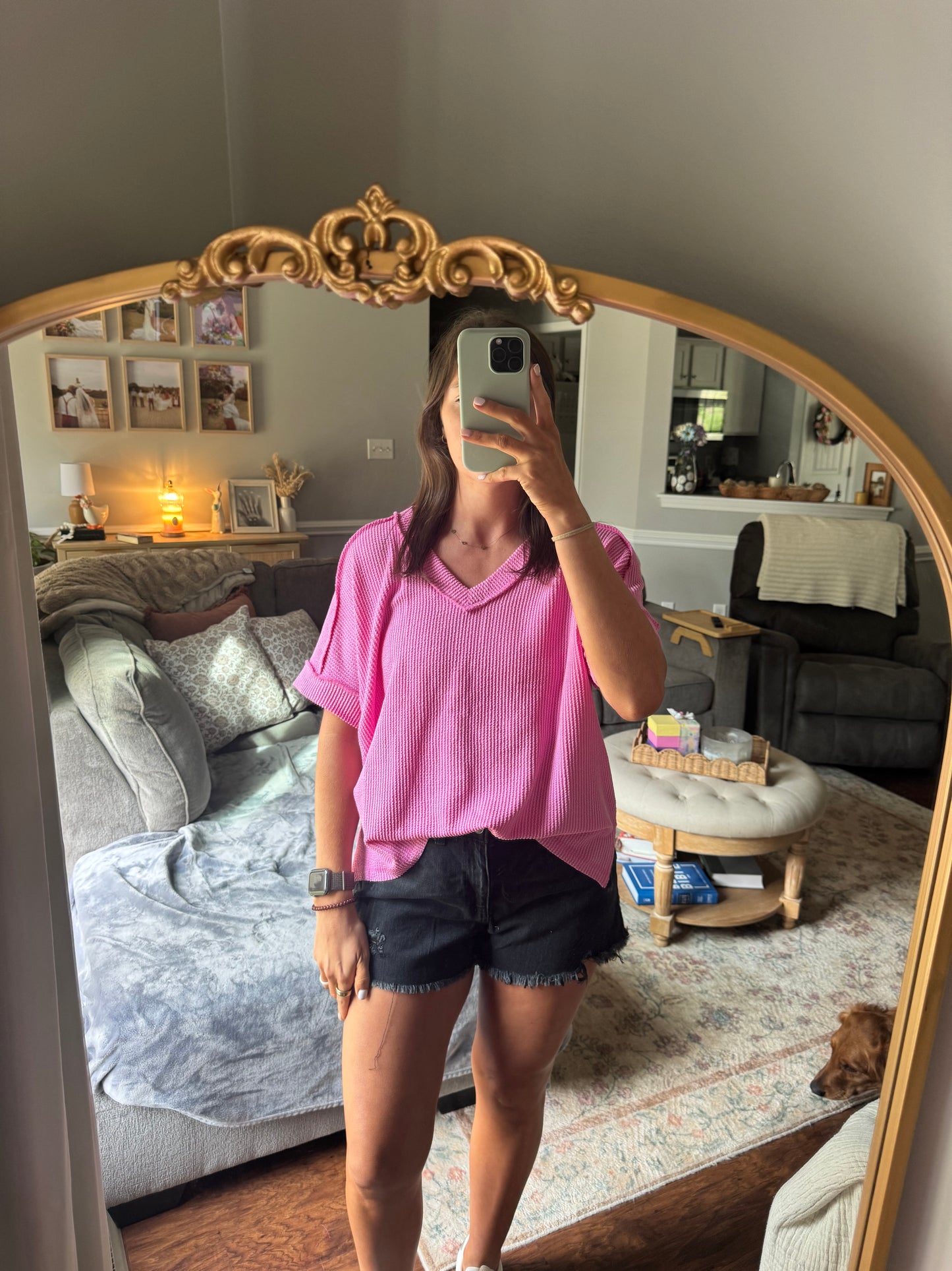 RAISED RIB SHORT SLEEVE V NECK TOP