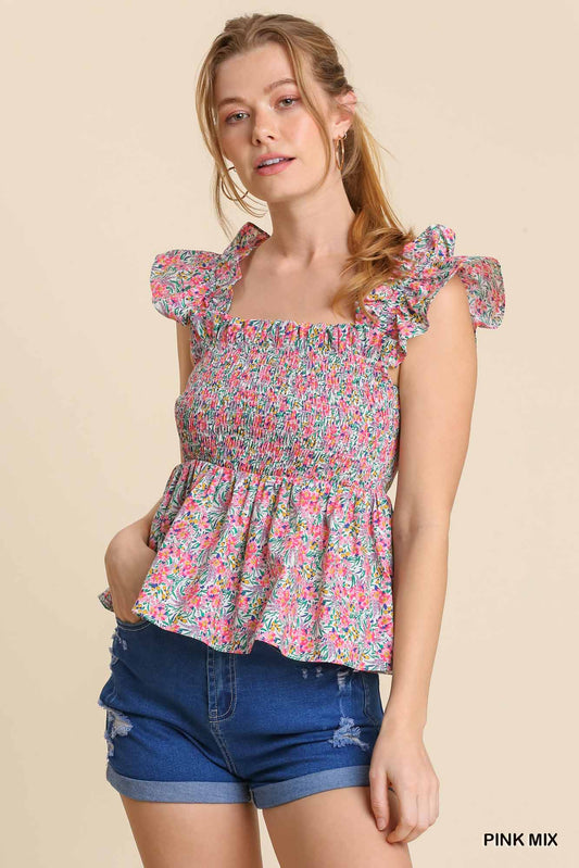 Mixed Floral Print Smocked Top with Back Tie