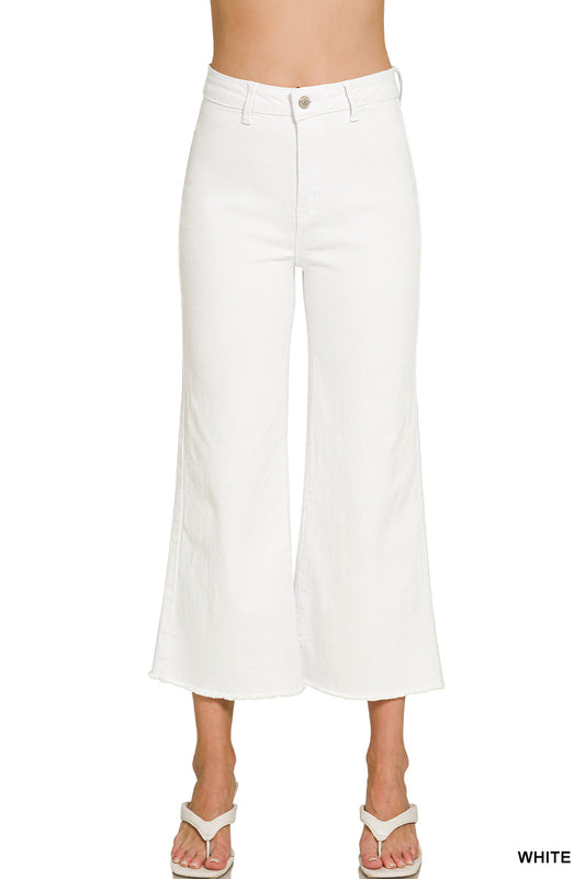 ACID WASHED HIGH WAIST FRAYED HEM STRAIGHT PANTS