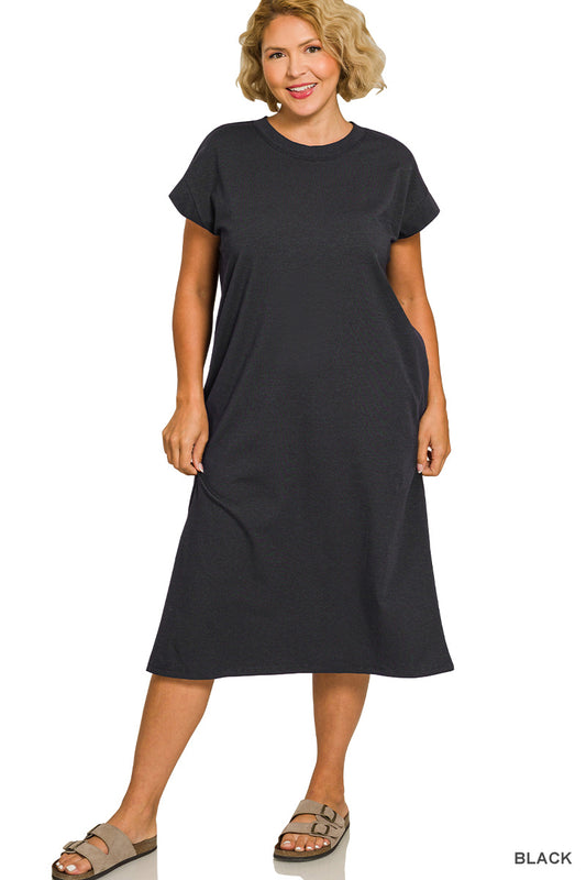 Plus round neck short sleeve midi dress