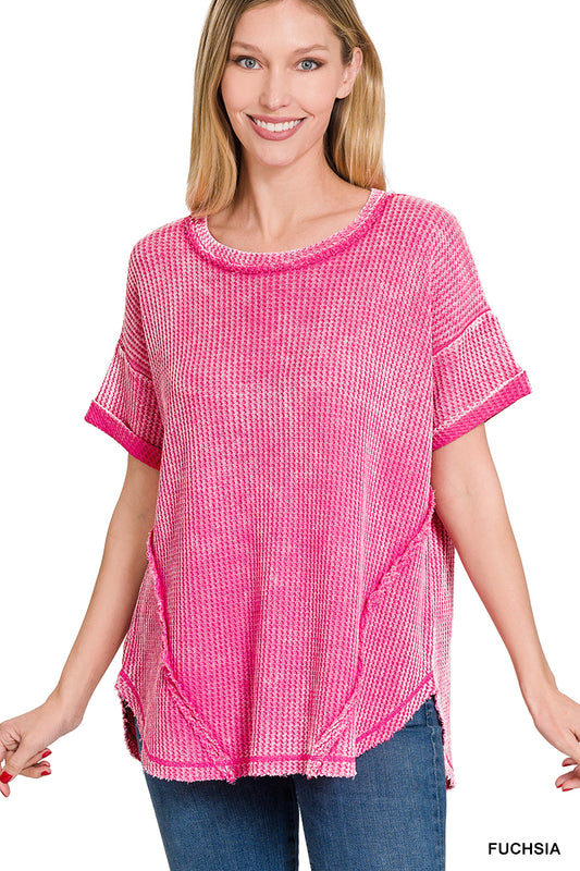 Washed waffle rolled up short sleeve top