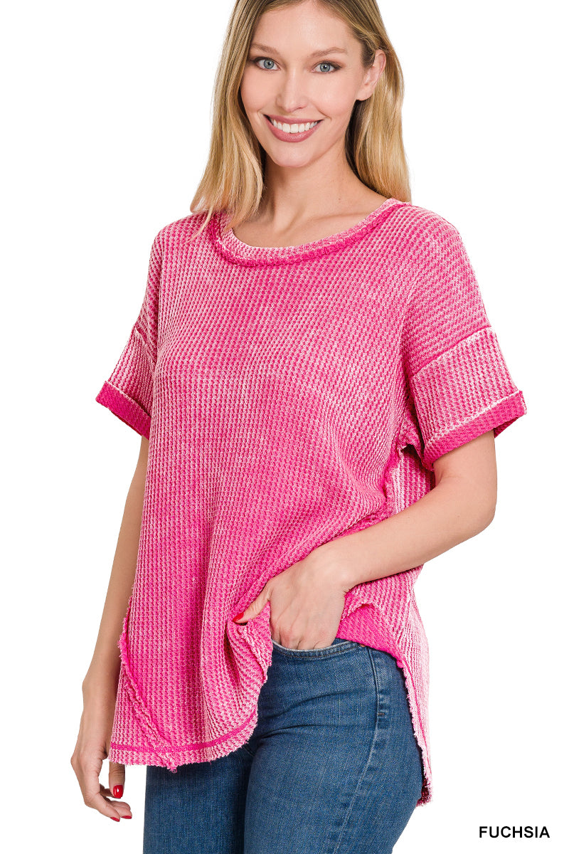 Washed waffle rolled up short sleeve top