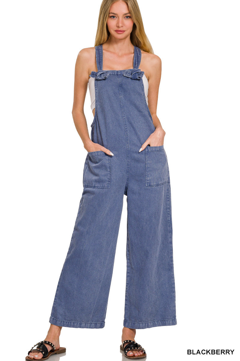 Washed knot strap pockets jumpsuit