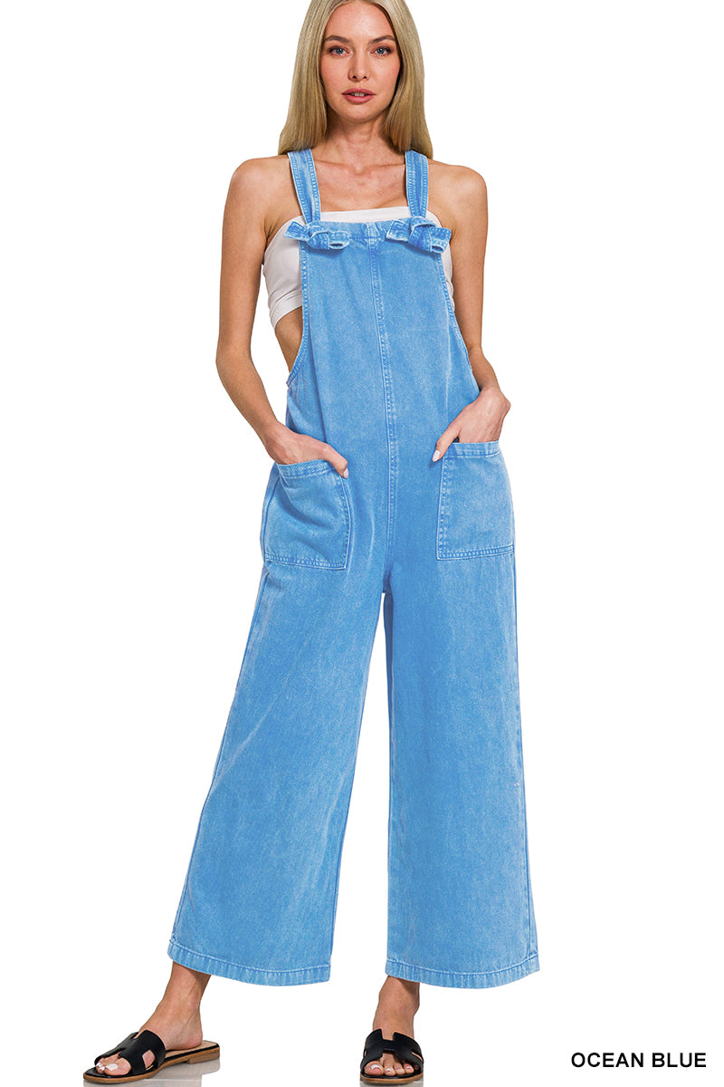 Washed knot strap pockets jumpsuit
