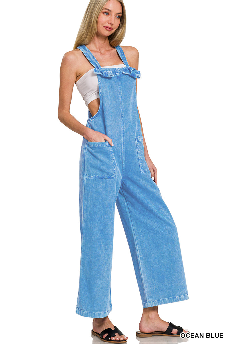 Washed knot strap pockets jumpsuit