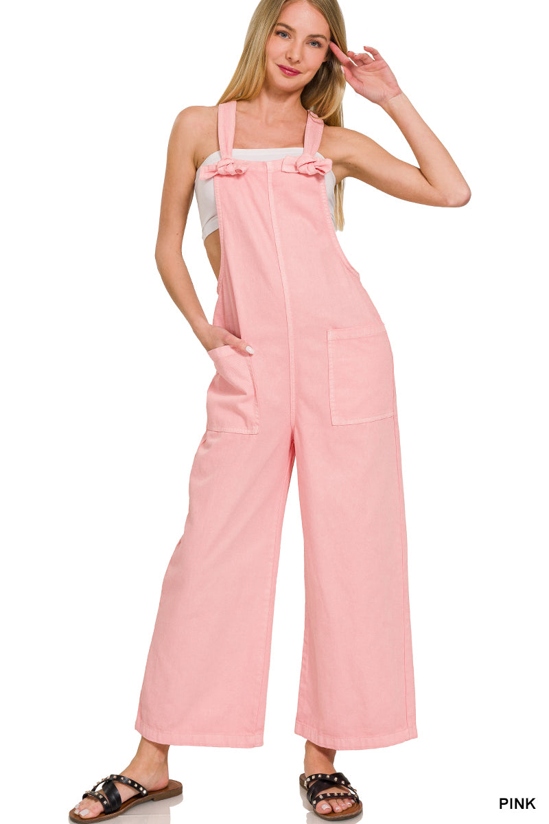 Washed knot strap pockets jumpsuit