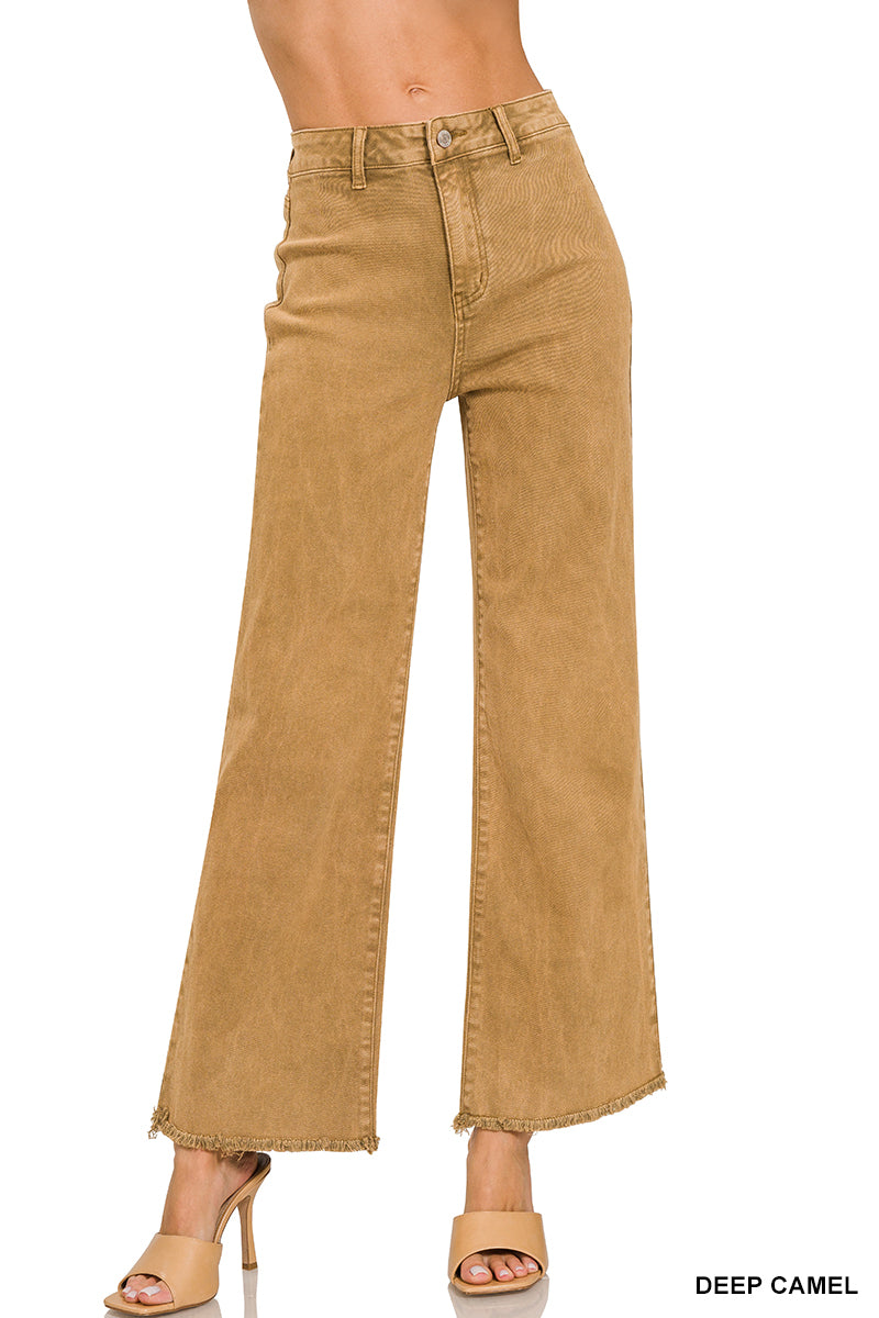Acid washed frayed cutoff hem straight wide pants