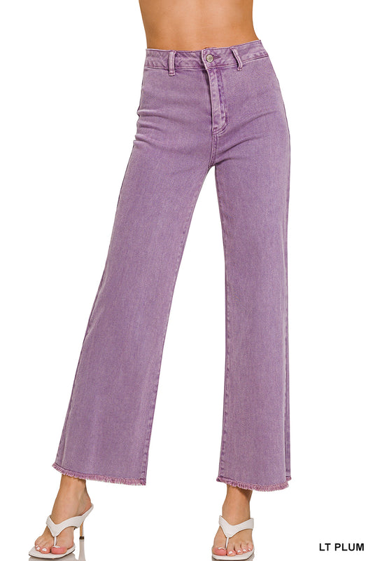 Acid washed frayed cutoff hem straight wide pants