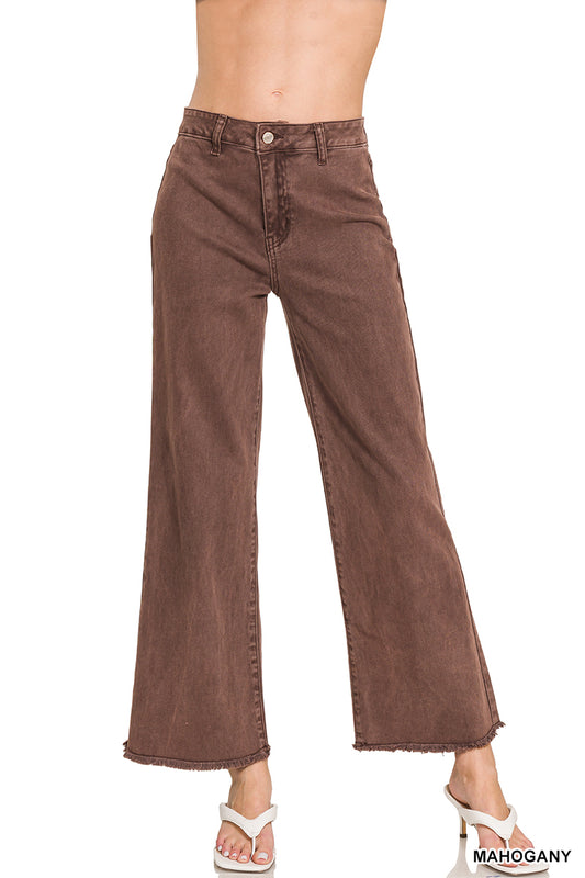 Acid washed frayed cutoff hem straight wide pants