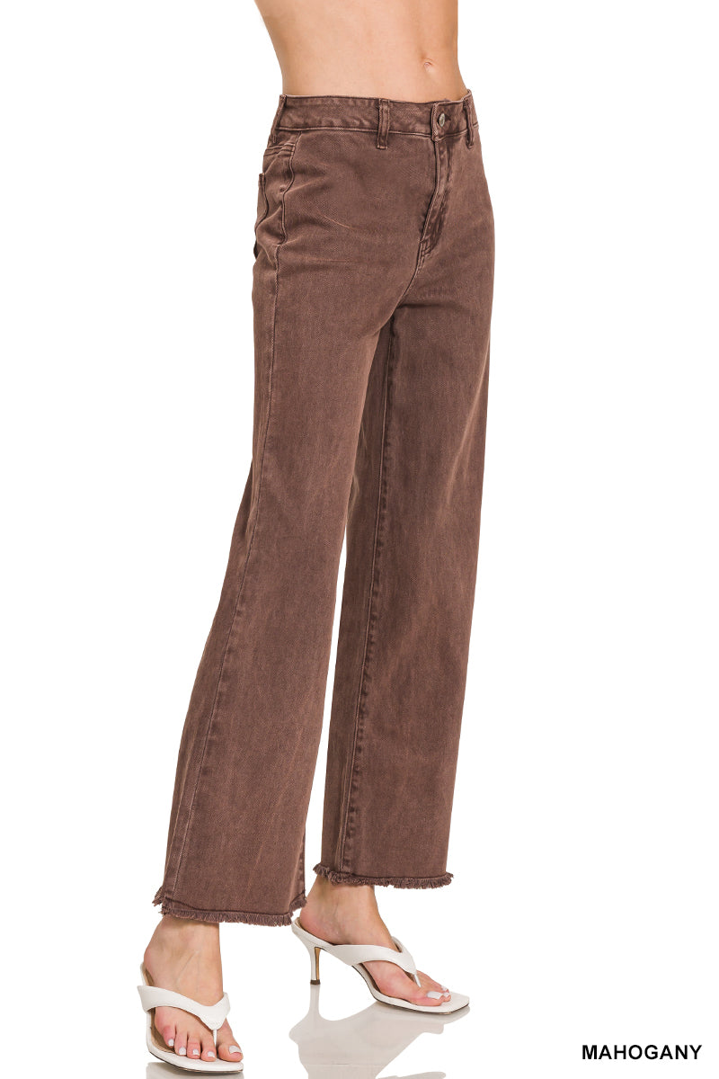 Acid washed frayed cutoff hem straight wide pants