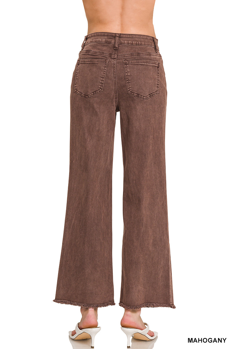 Acid washed frayed cutoff hem straight wide pants