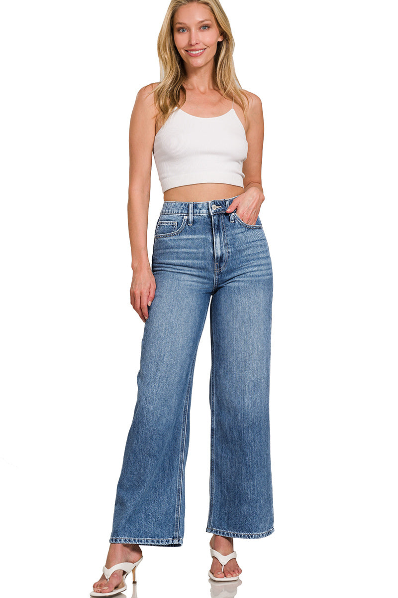 High waist wide leg straight denim pants
