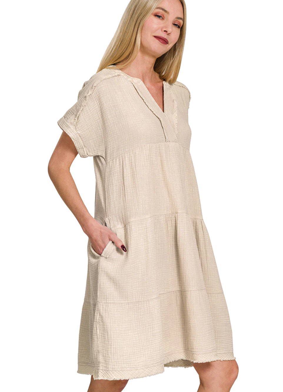 Bright Mauve Raw Edge V Neck Dress