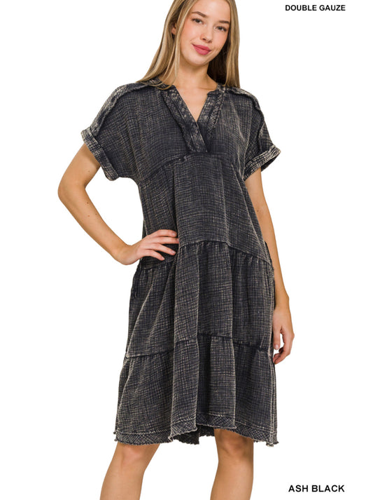 WASHED DOUBLE GAUZE RAW EDGE V-NECK DRESS