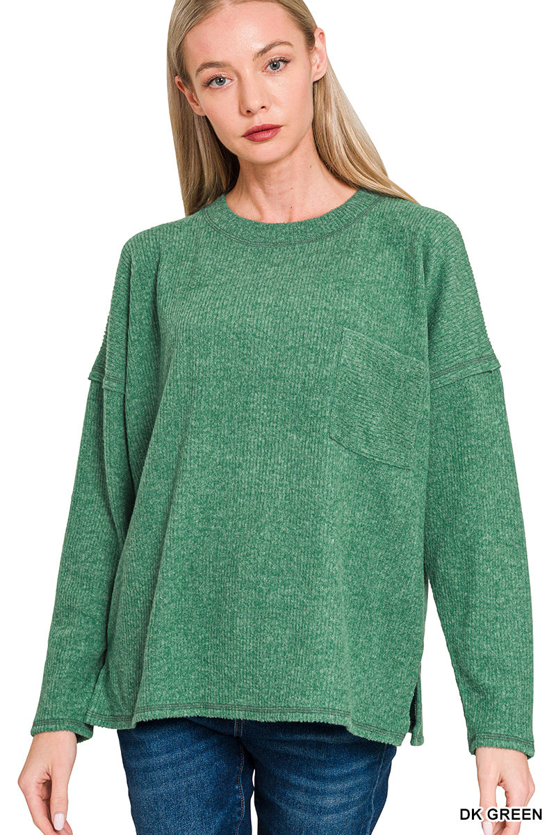 RIBBED BRUSHED SWEATER WITH A POCKET