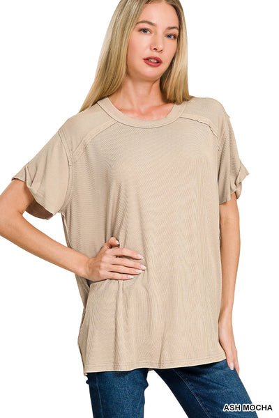 WASHED RIBBED SHORT SLEEVE BOAT-NECK TOP