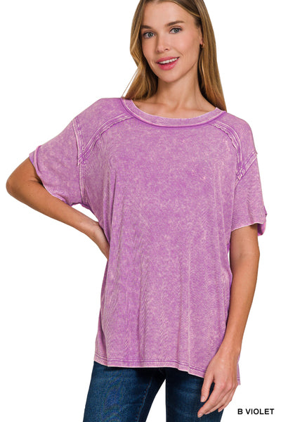 WASHED RIBBED SHORT SLEEVE BOAT-NECK TOP