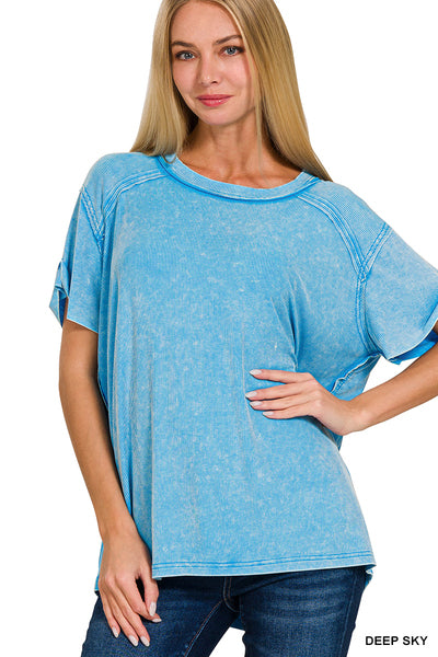 WASHED RIBBED SHORT SLEEVE BOAT-NECK TOP