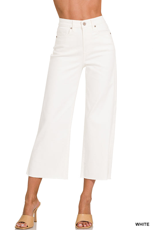 HIGH RISE WIDE LEG CROPPED WHITE DENIM PANTS