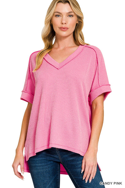 RAISED RIB SHORT SLEEVE V NECK TOP