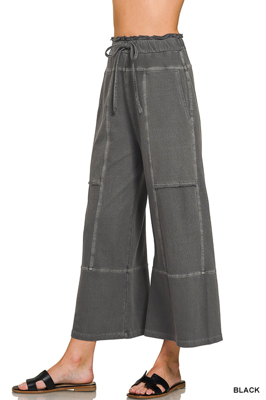 WASHED EXPOSED-SEAM WIDE LEG PANTS