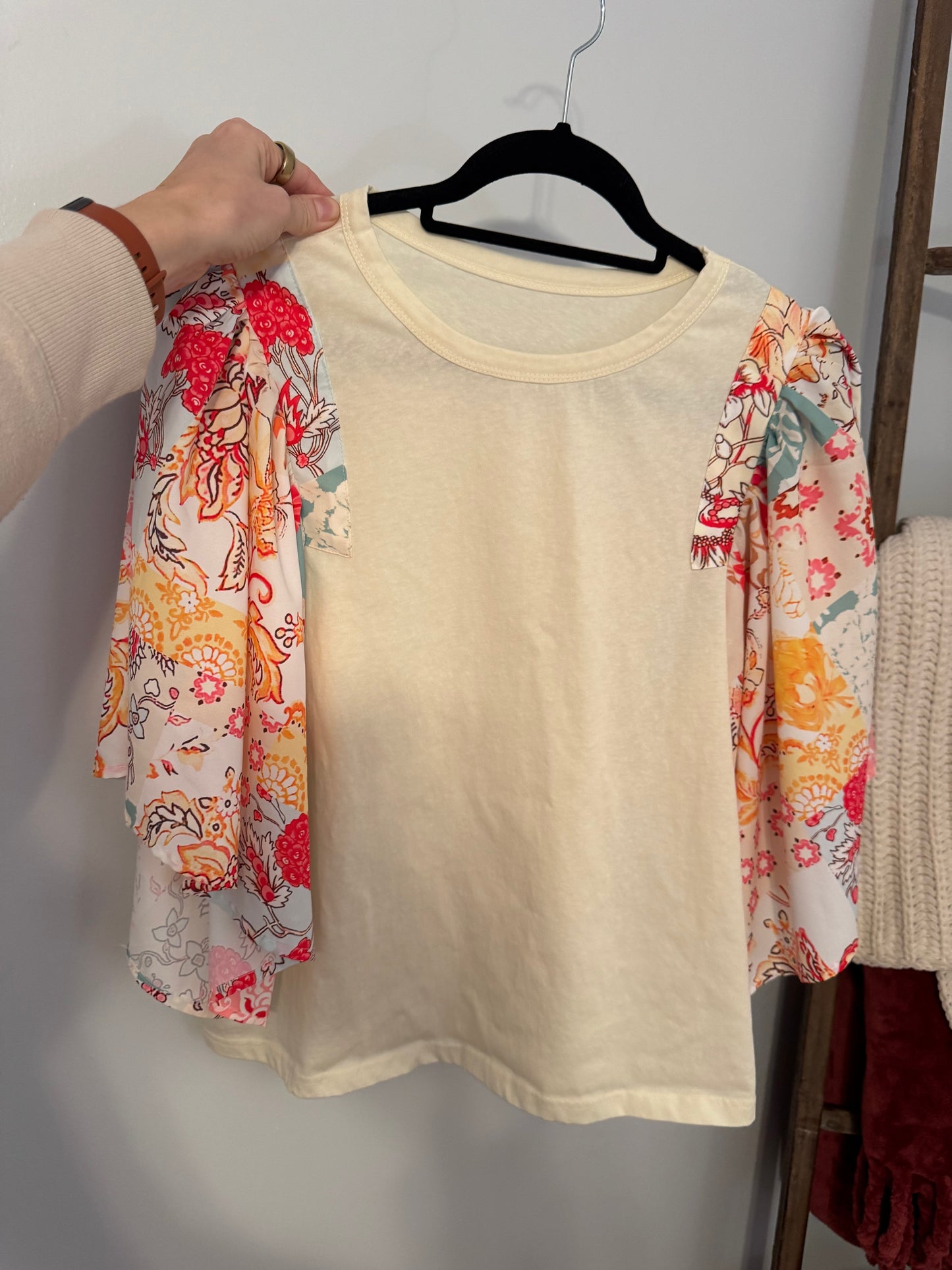 Floral Patchwork Half Batwing Sleeve Blouse