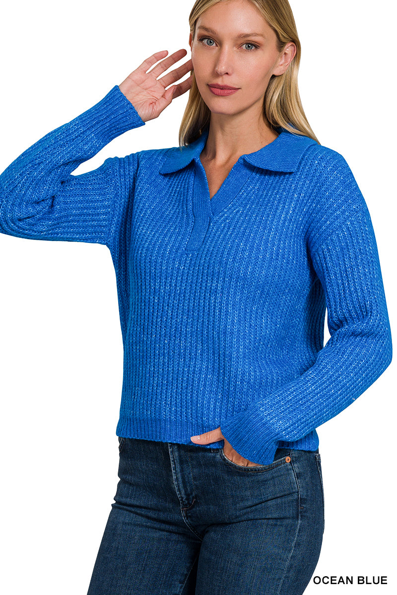 COLLARED V-NECK BASIC SWEATER