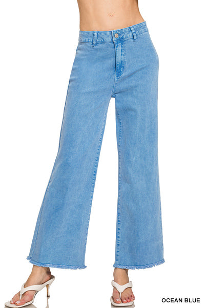 Acid washed frayed cutoff hem straight wide pants