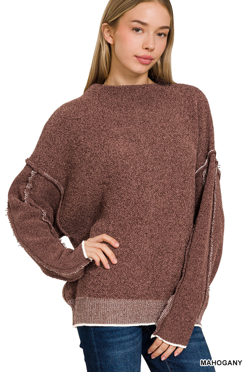 Oversized mock neck raw seam chenille sweater