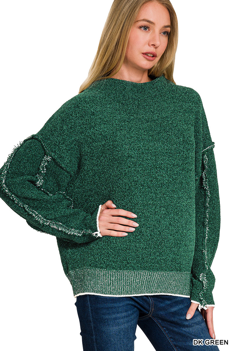 Oversized mock neck raw seam chenille sweater